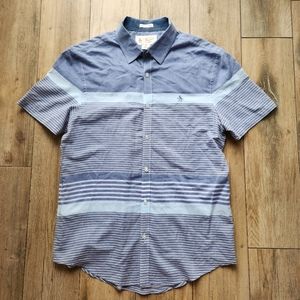 Penguin Blue Striped Short Sleeve Heritage Slim Fit Button-Down Shirt Medium